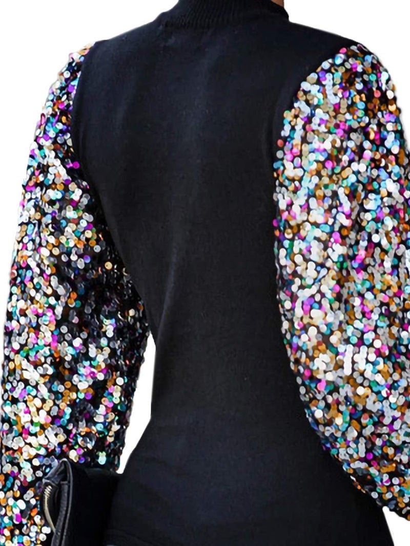 Anna-Kaci Women's Confetti Sequin Balloon Long Sleeve Mock Neck Pullover Sweatshirt, Black, Small - Image 2